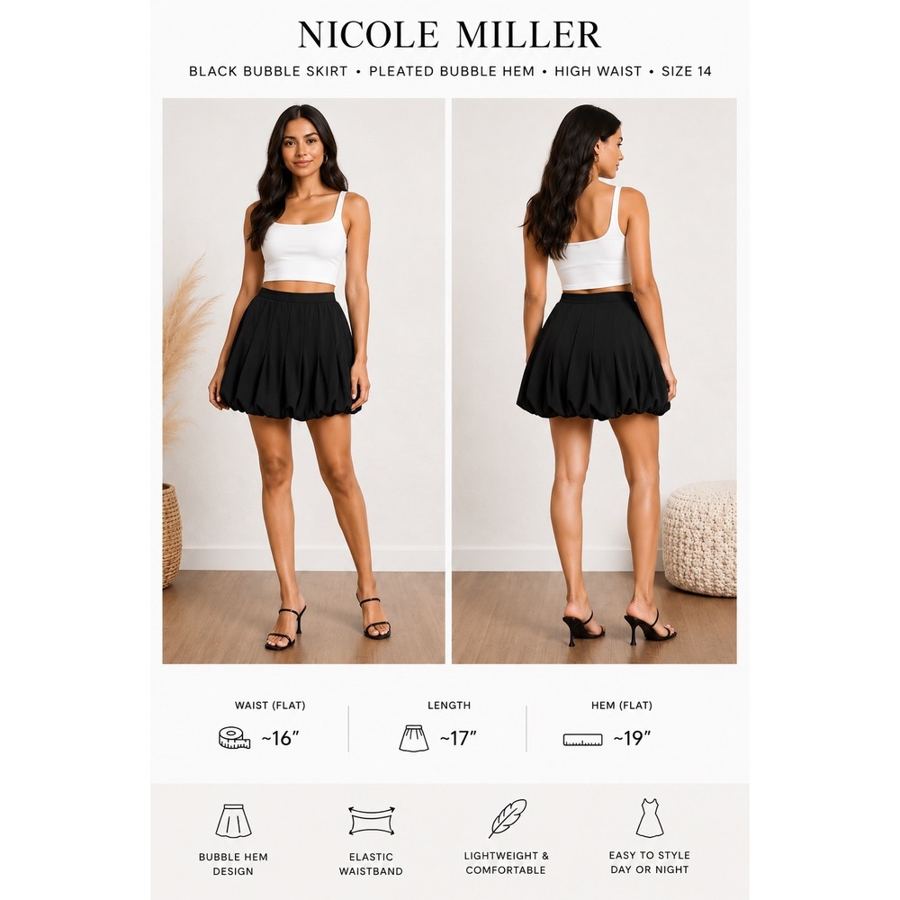 Nicole Miller Black Bubble Skirt Pleated High Waist Mod In The City Size 14 NWT